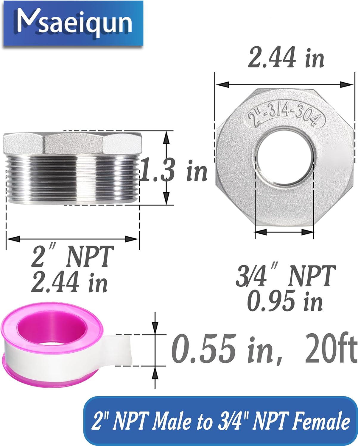Stainless Steel Reducer Hex Bushing Threaded Pipe Fitting 2" NPT Male x 3/4" NPT Female Bushing 2 to 3/4 Adapter Pipe Fitting (Pack of 1)