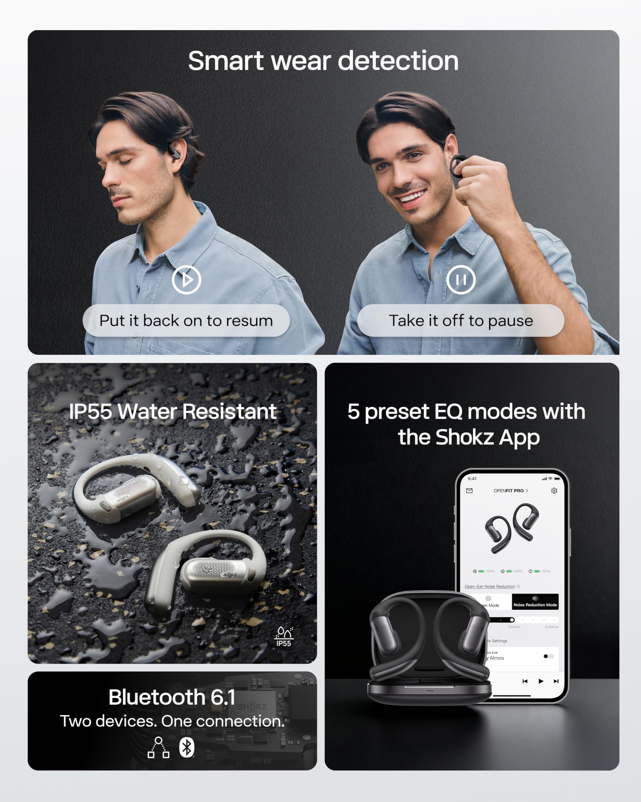 SHOKZ OpenFit Pro Auricolari True Wireless Open Ear con Riduzione Rumore Open Ear, Dolby Atmos, Bassi Profondi, 50h Autonomia, Chiamate AI Nitide per Sport e Lavoro, Bluetooth 6.1, IP55, Nero