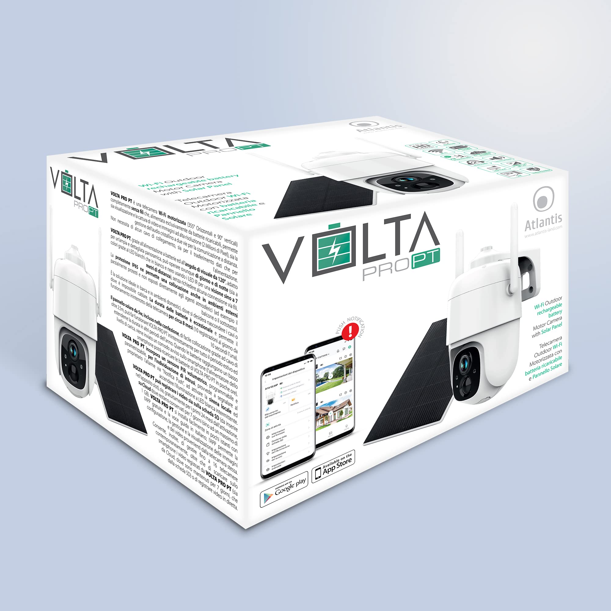ATLANTIS telecamera motorizzata Volta Pro PT A16-VL66P, 360° PTZ, Wi-Fi senza fili interno esterno a batteria ricaricabile,pannello solare,videocamera sorveglianza,visione notturna,full hd 1080,Bianco