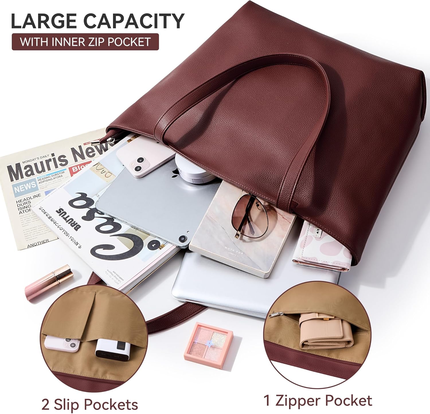 WLLWOO Soft Vegan Leather Tote Bag for Women Large Casual Hobo Handbags Zipper Shoulder Work Daily Weekender Travel Purse