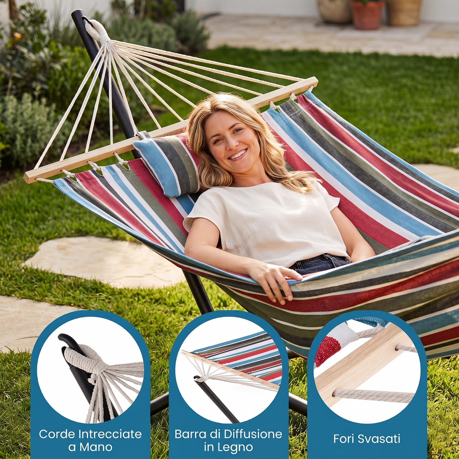 COSTWAY Amaca da Giardino con Supporto in Metallo, con Cuscino Rimovibile | Amaca da Esterno Portatile in Telo Cotone con Borsa, 200 kg, per Spiaggia, Campeggio e Terrazza