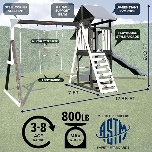 Miniatura 8 de Sportspower Roswell - Juego de columpios de madera juego fuerte, banco con mesa, caja de arena, trapecio y tobogán de 8 pies, negro, verde y blanco