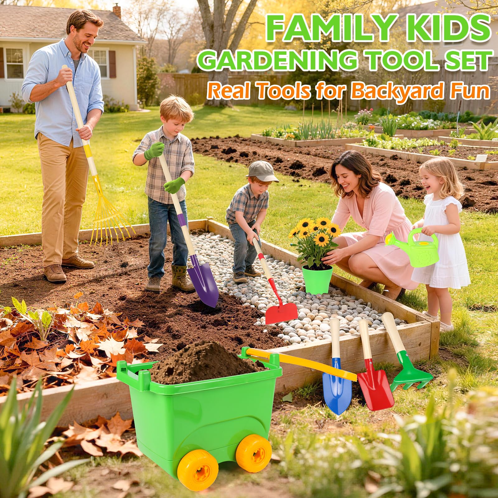 Ensemble de jardinage pour enfants, jouets d'extérieur avec brouette et outils de jardin pour enfants, ensemble de jardinage pour tout-petits avec tapis de rempotage, gants, tablier, arrosoir, jouets