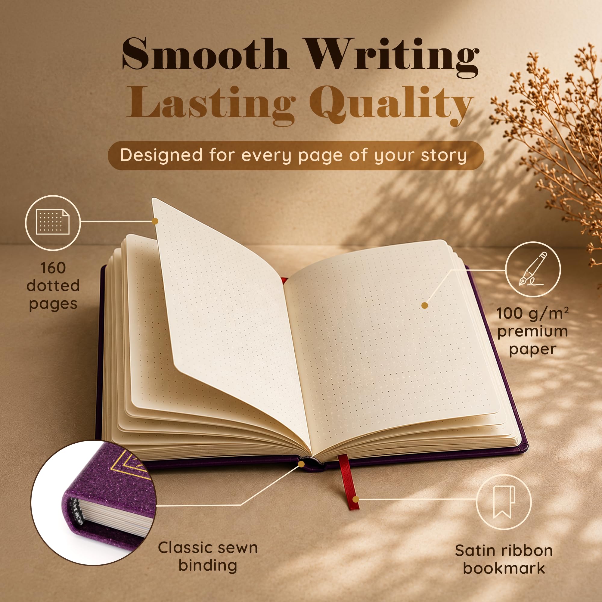 Taccuino con copertina rigida, formato A5, 160 pagine punteggiate con motivo bacche ornamentali