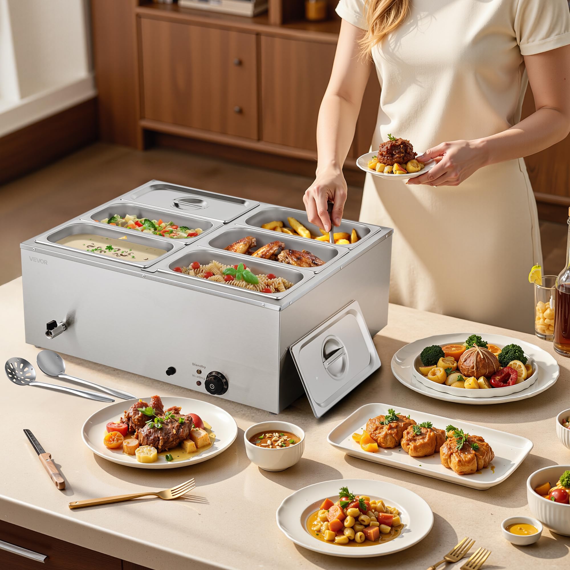 VEVOR Calentador de Alimentos 1500 W, de Acero Inoxidable, con Tapa, para 6 Sartenes, para Bufé de Encimera, Baño María con Cucharones para Sopa y Perforados, para Catering, 710 x 568 x 280 mm