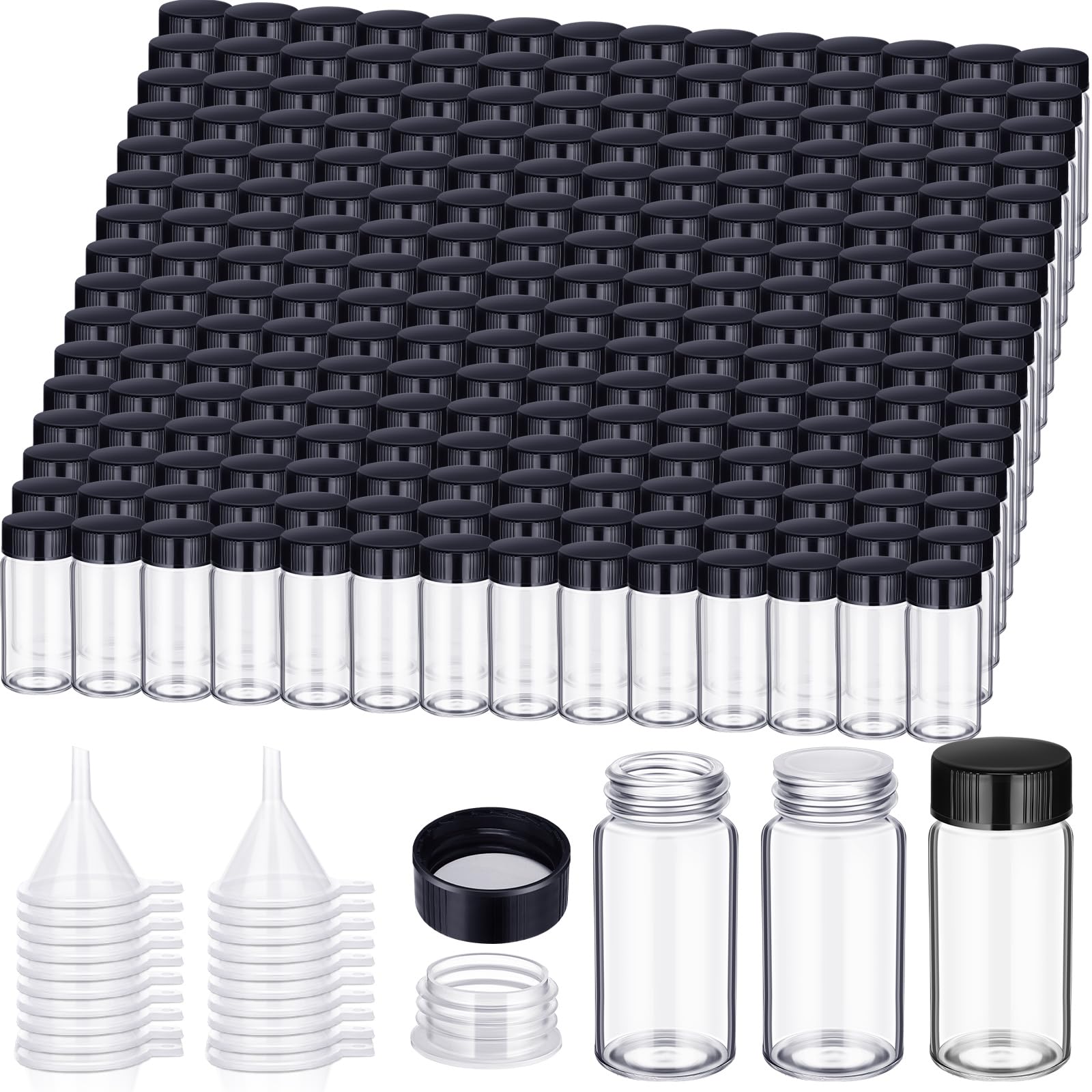 Ziliny 220 Pack 20 ml Glass Vials Clear Small Empty Glass Sample Bottles with Screw Cap Plastic Stoppers, Shims and Plastic Mini Funnels, Sample