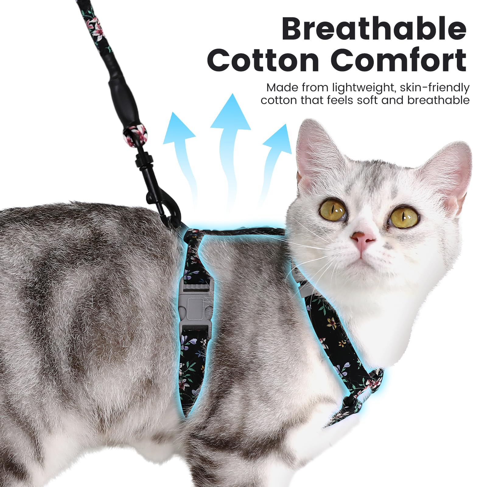 PETTOM Blumenmuster katzengeschirr mit Leine katzenleine mit Geschirr für Katzen mit Rundes Schlüsselband Ausbruchsicher Einstellbarer Brustgurt Geeignet für kleine und mittlere Katzen