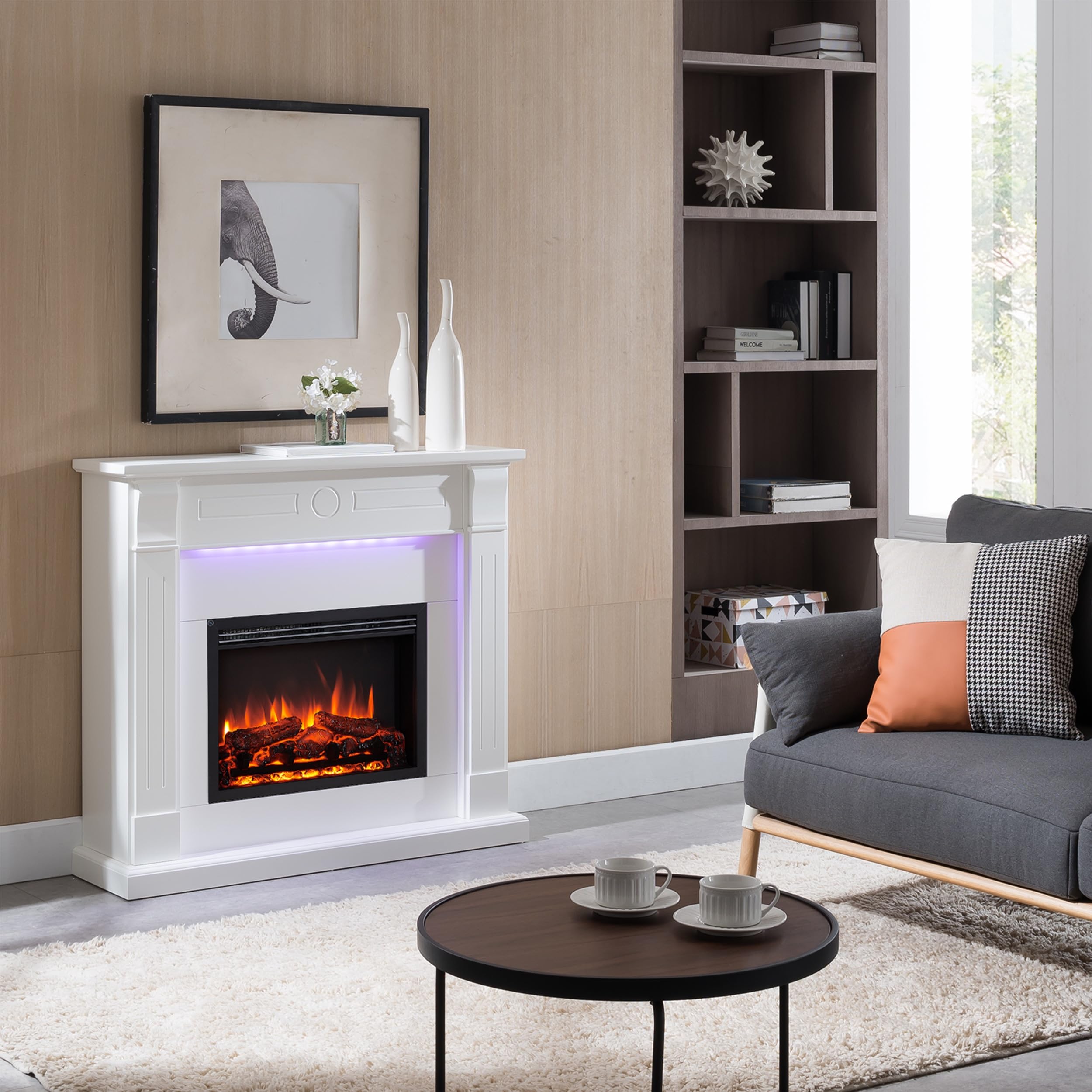 BALDERIA Hikaru - Chimenea eléctrica, Blanco, calefacción 2000 W - Blanco | Efecto de Llama 3D, iluminación LED, crepitación, Control de Aplicaciones, WiFi, Control Remoto, Temporizador, termostato