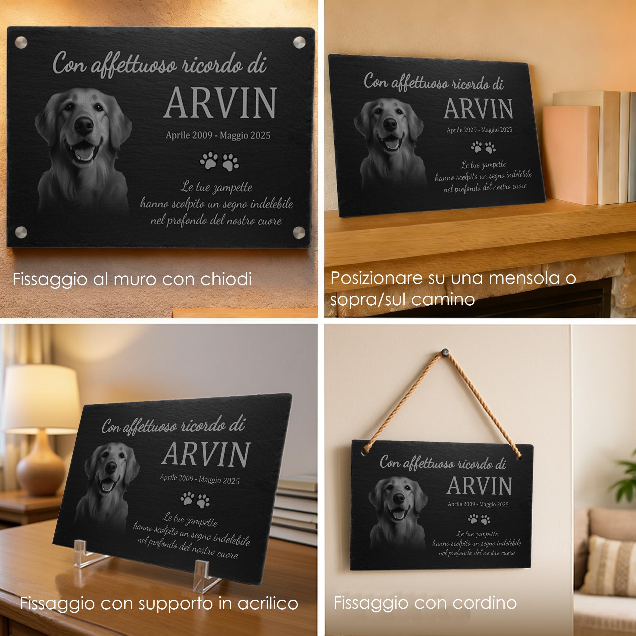 Pietra Commemorativa Cane in Ardesia – Lapide per Animali Esterno Personalizzata, Targa Memoriale per Cani Resistente alle Intemperie – Foto, Nome e Testo Personalizzabili – Giardino / 30x15–50x30 cm
