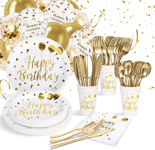 Platos y servilletas de feliz cumpleaños, 200 piezas de decoración de fiesta de cumpleaños blanco y dorado, platos de peper, servilletas, globos,