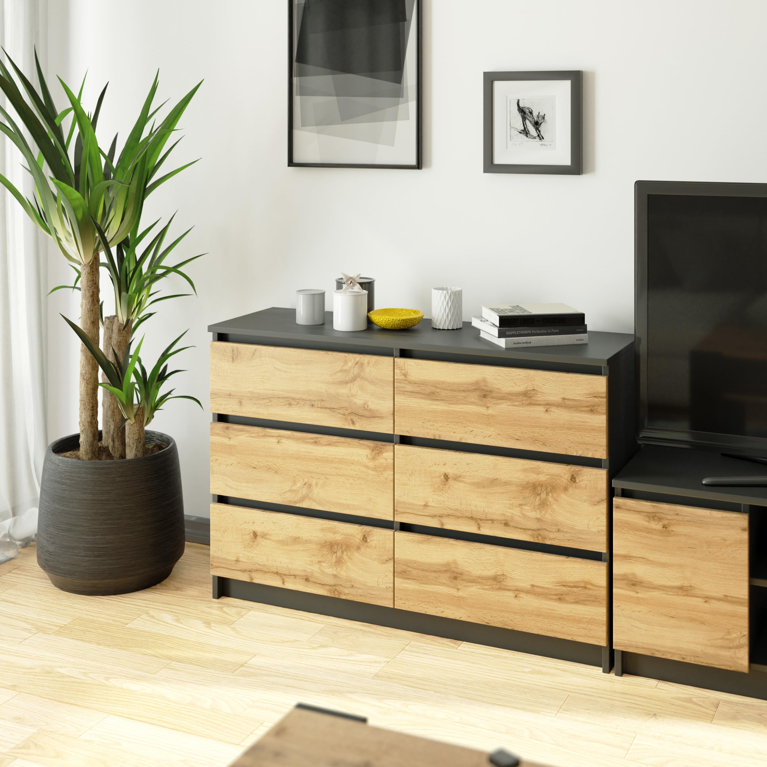 VBChome Kommode mit 6 Schubladen, Anthrazit-Artisan, 120 x 39 x 81 cm, Grifflose Holz-Schubladenkommode, Moderner Mehrzweckschrank für Flur, Schlafzimmer, Wohnzimmer & Kinderzimmer, Einfache Montage