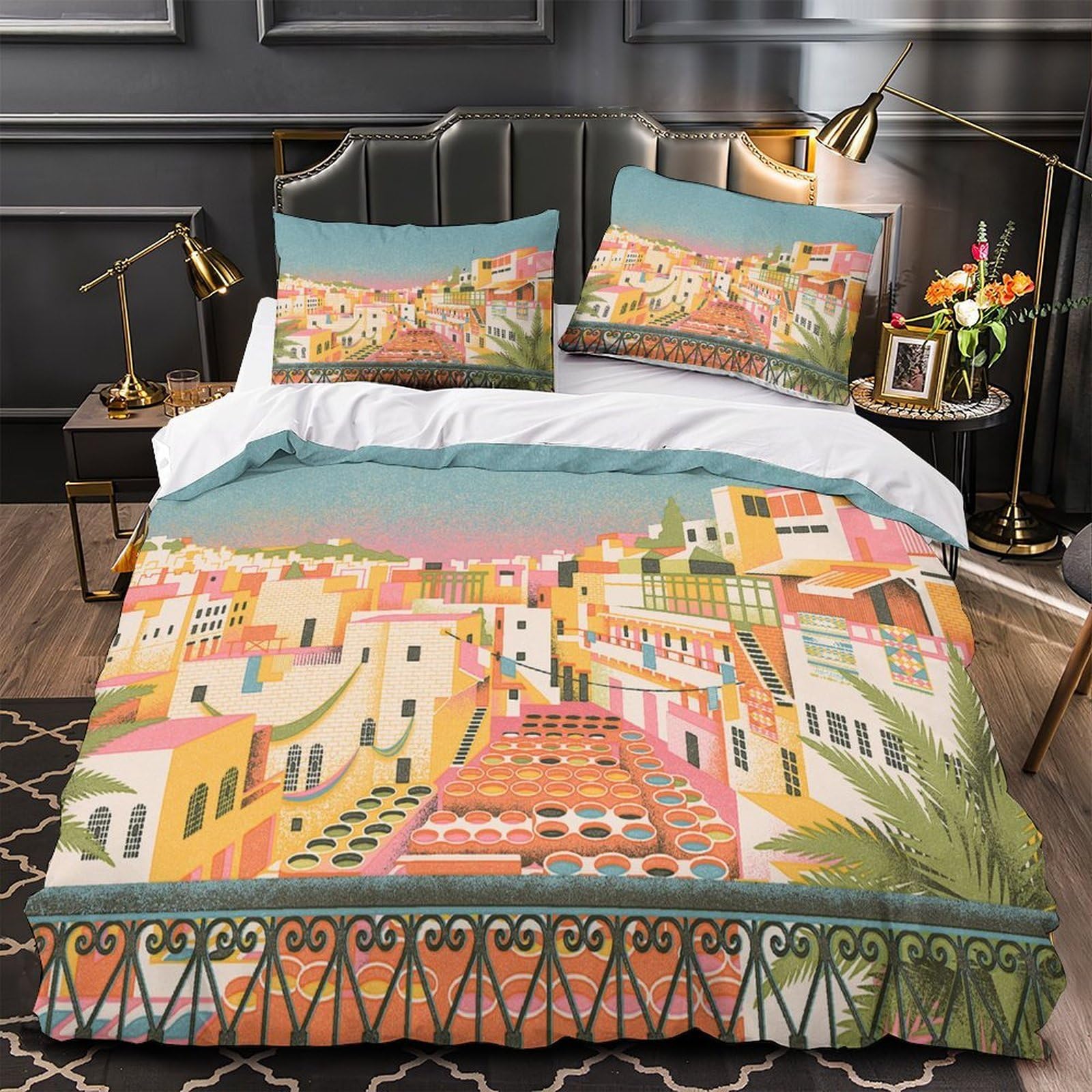 Housse de couette village méditerranéen 3D pour illuminer une chambre d'ado ou d'enfant