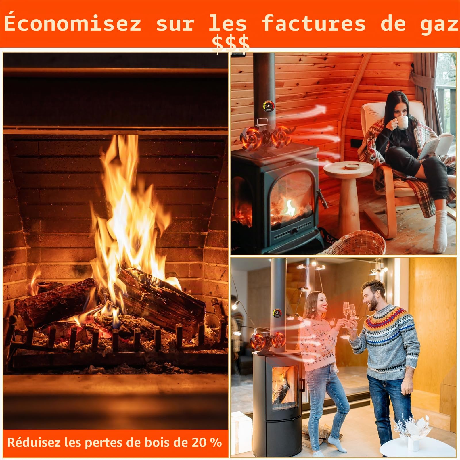 Ventilateur à Double Brûleur à Bûches - 10 Lames Silencieux Pour Poêle à Bois et Cheminée - Efficacité Accrue