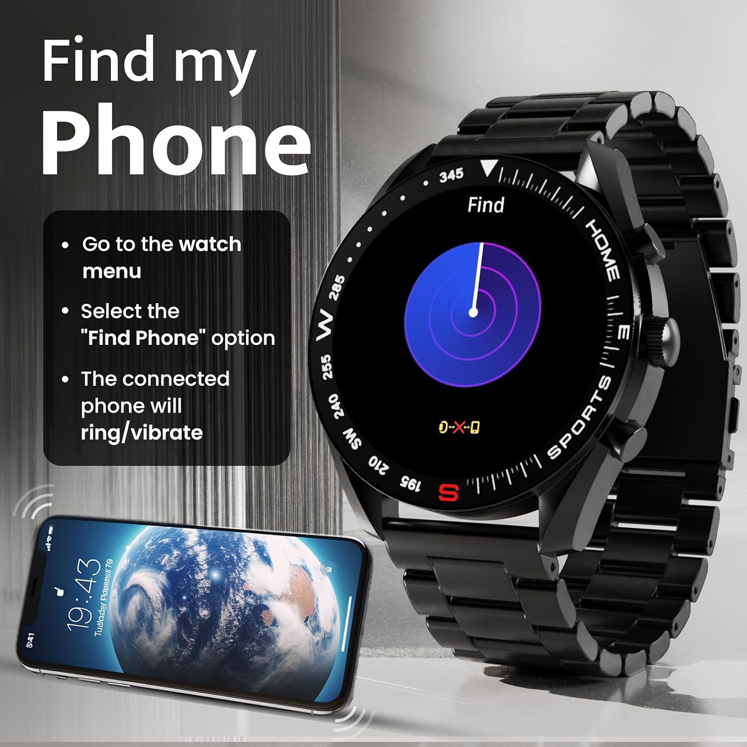 GOBOULT Mirage Smart Watch displaying the 'Find' screen with a radar-like animation, and a smartphone below it. Instructions for 'Find my Phone' are listed: Go to the watch menu, Select the 'Find Phone' option, The connected phone will ring/vibrate.