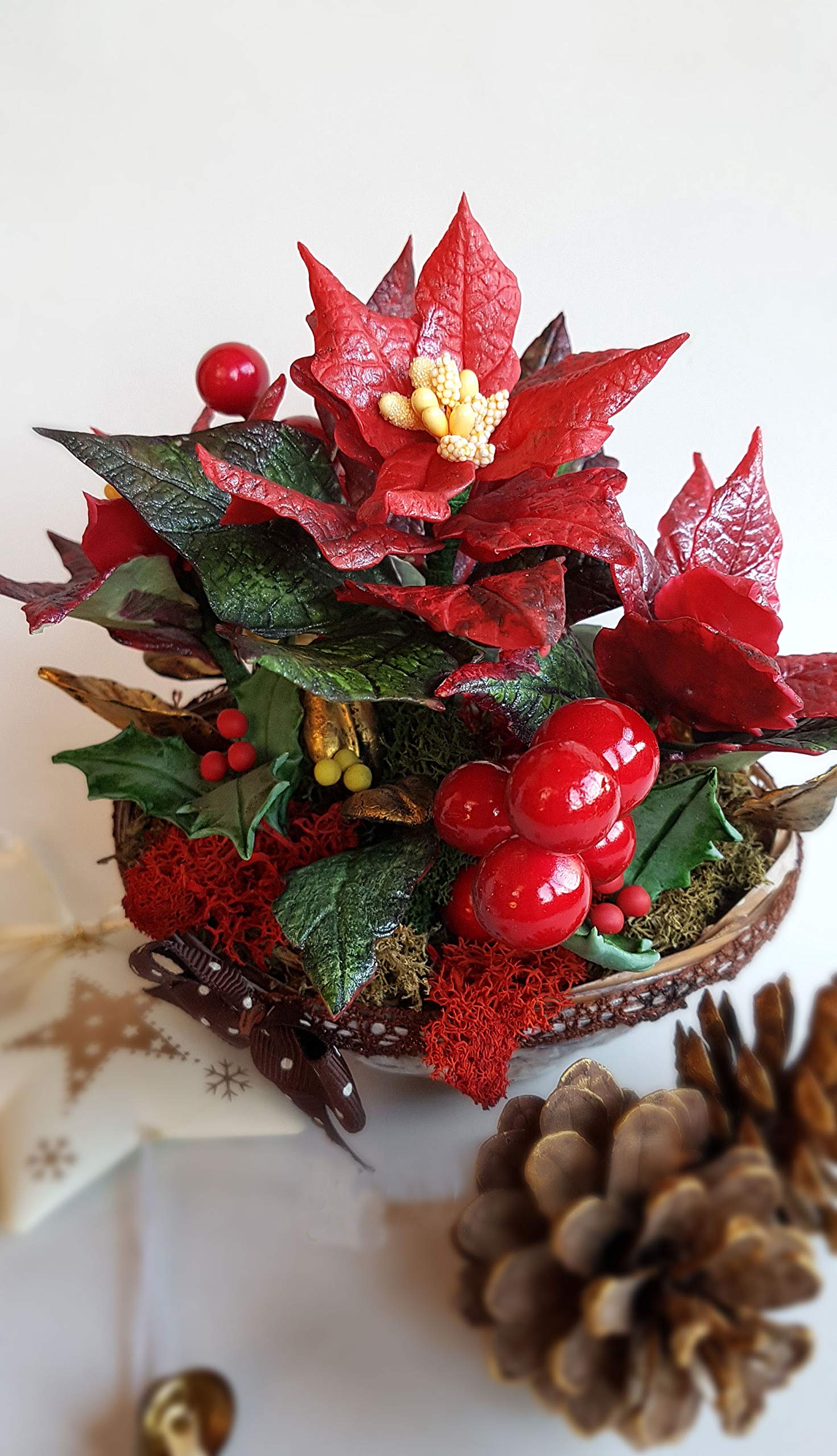 Flor de Navidad Poinsettia, Flores de Porcelana, Miniatura Decoracion del hogar, Hecho a Mano