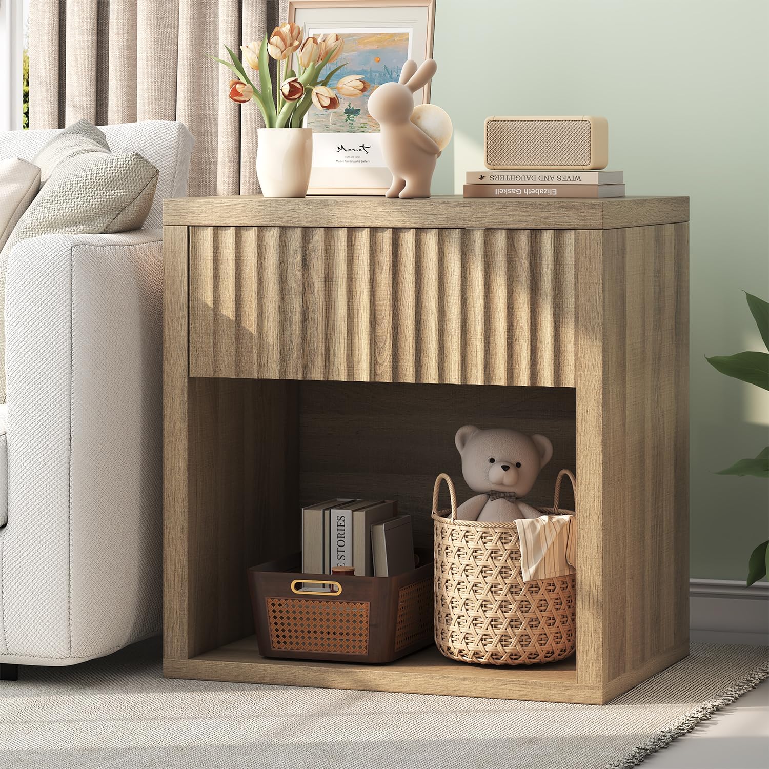 Fluted Nightstand, 22.8" Wide Nightstands with Drawer Storage Large Wood BedsideTable Night Stand for Bedroom, Natural Oak