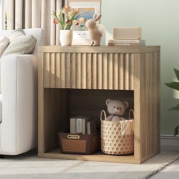 UNIQUITE Fluted Nightstand, 22.8" Wide Nightstands with Drawer Storage Large Wood BedsideTable Night Stand for Bedroom, Natural Oak