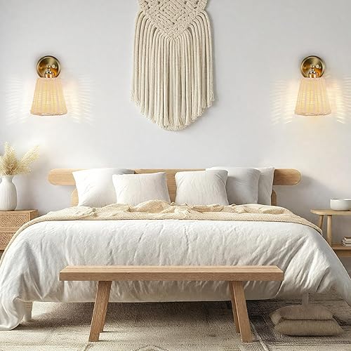 Miniatura 8 de Juego de dos apliques de pared de ratán, pantalla de mimbre tejida a mano, lámpara de pared para interiores, juego de apliques bohemios para