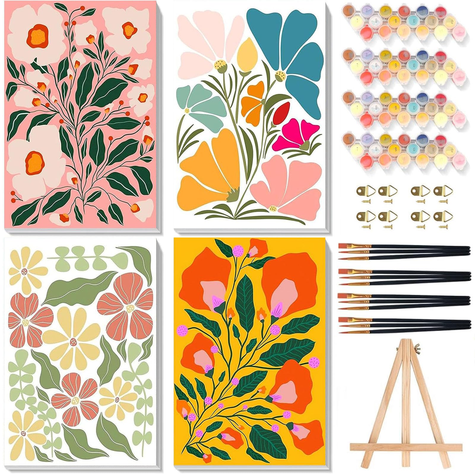 4 Pack Paint by Numbers for Adults with Framed Canvas & Wooden Easel, Flower Painting by Number Kit Beginners on Canvas, Easy Flowers Acrylic Oil Painting with Brushes for Home Wall Decor (8x12 inch)
