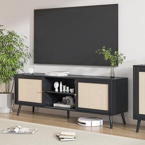 Miniatura 4 de Soporte de TV de ratán para TV de 75 pulgadas, consola de TV bohemio, gabinete multimedia con puertas correderas, soportes de televisión de granja,