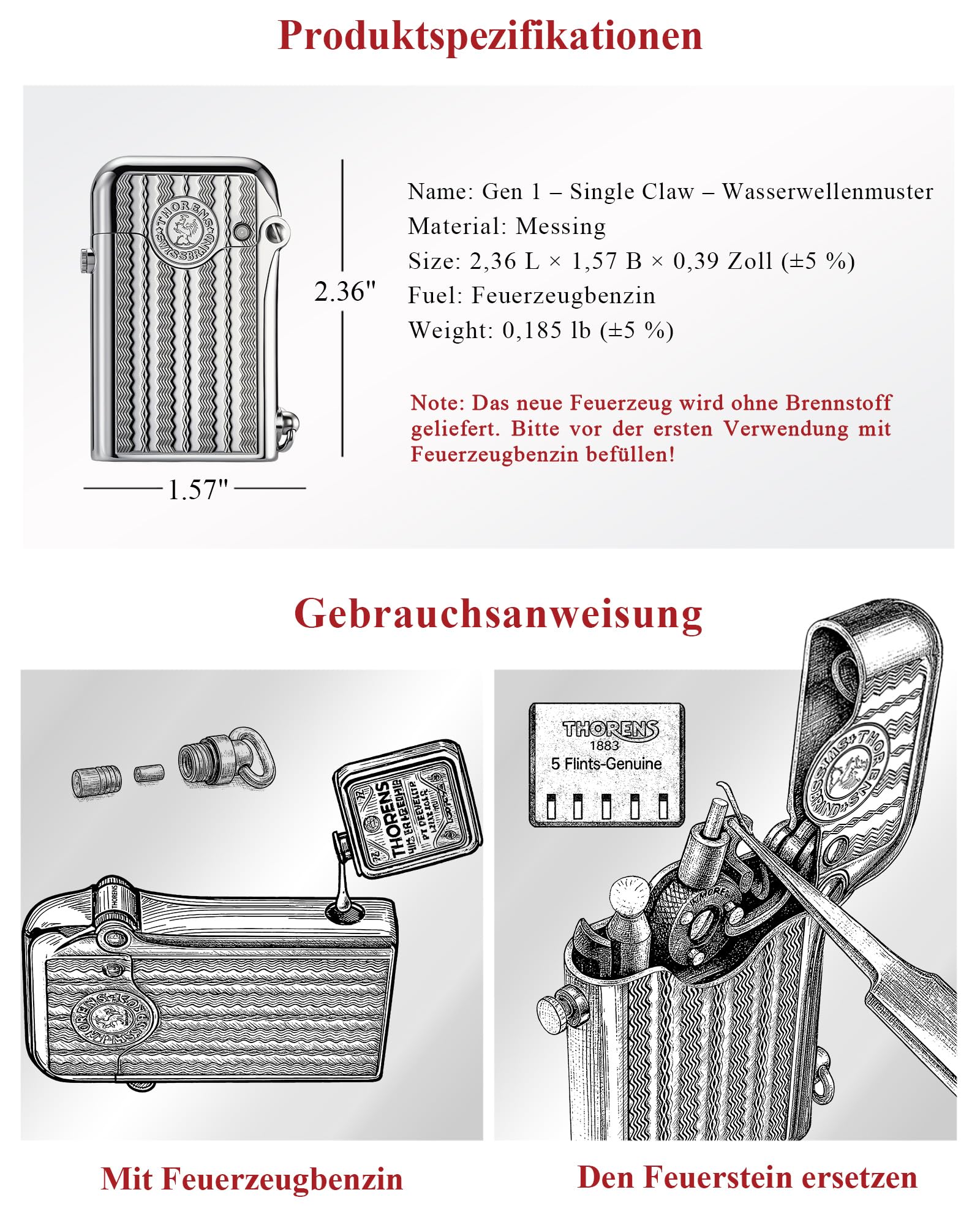 THORENS Gen 1 Single Claw Water Ripple Benzinfeuerzeug, Messing | Vintage, Softflamme, Autozündung, nachfüllbar, Sicherheitssperre, galvanisiert, Gravur, Luxus, Sammlerstück, Ehemann-Geschenk