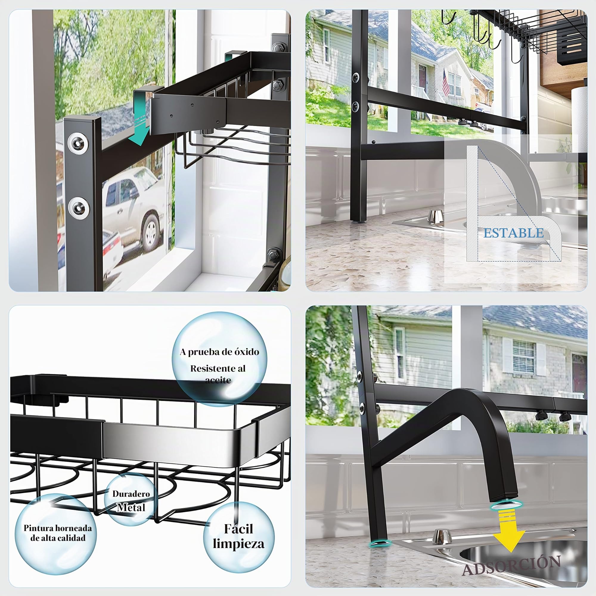 SAYZH Escurridor de Platos, Escurreplatos Encima del Fregadero, Escurridor de Platos Ajustable (de 64,8 CM a 85,1 CM), con Soporte para Utensilios, para Mostrador de Cocina, Inoxidable, Negro