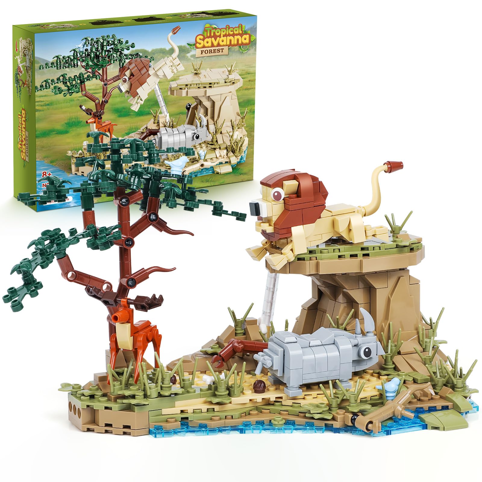 INRATELL Tropical Savanna Wild Animal Building Block Set - Wildlife Zoo Lion, Deer, and Rhino, Creative Safari Animals Block Toy Ideal Gift for Kids, Boys, and Girls Ages 8+
