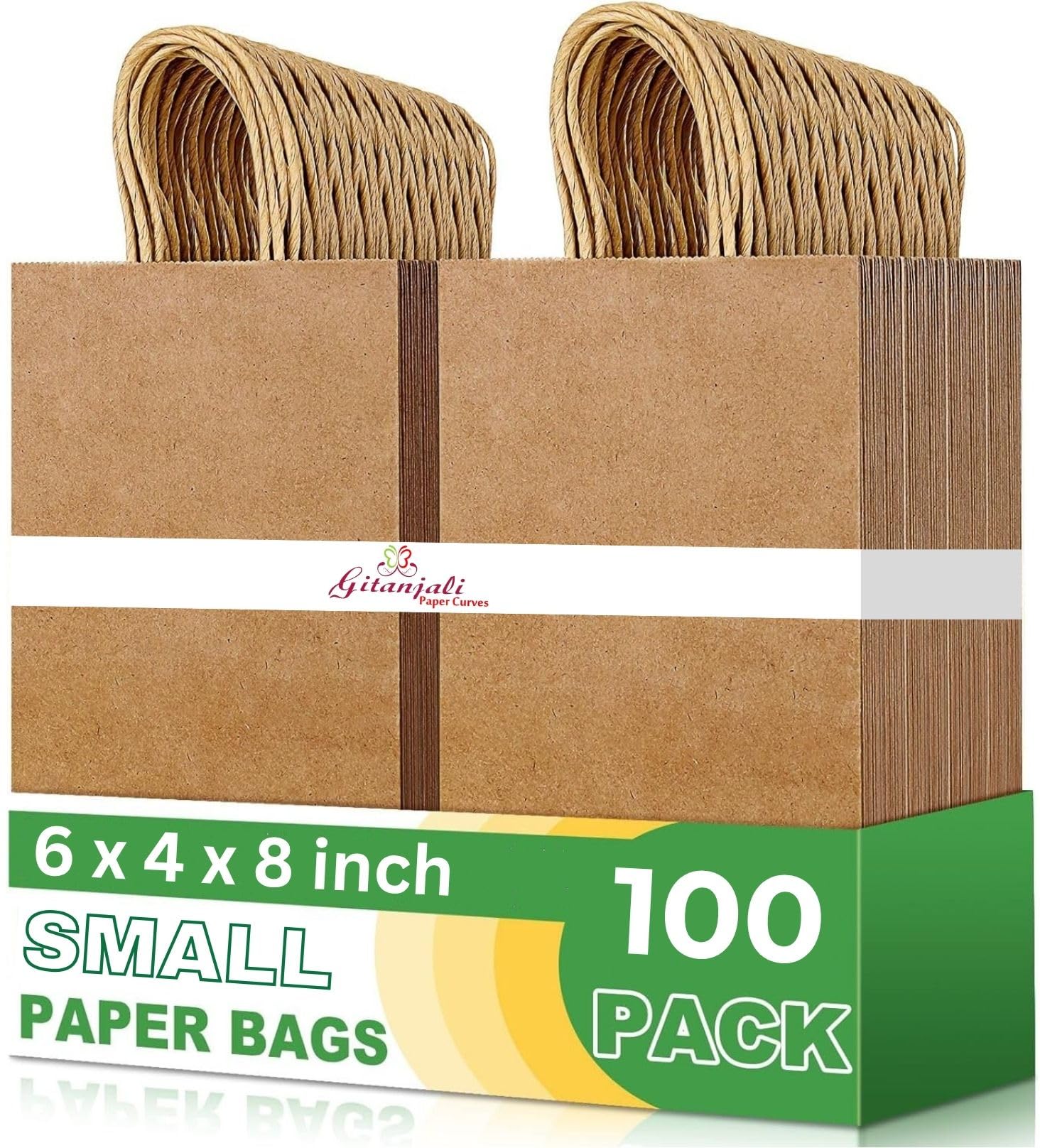 Gitanjali Paper Curves Paper Gift Bags with Handles 6"x8"x4" (Brown) 100pcs -Small Party Favor Goodie bag, Craft Paper Return Gift Bags - Disposable Recycled Kraft Paper Covers (6x8x4 in Brown, 100 pack)