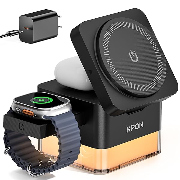 KPON for iPhone Nightstand Charging Station,15W 3 in 1 Wireless Phone Charger Stand with Night Lamp, Travel Foldable Magnetic Cube Magsafe Dock for iPhone 17 16 15 14 13 12 Series/Apple Watch/Airpods