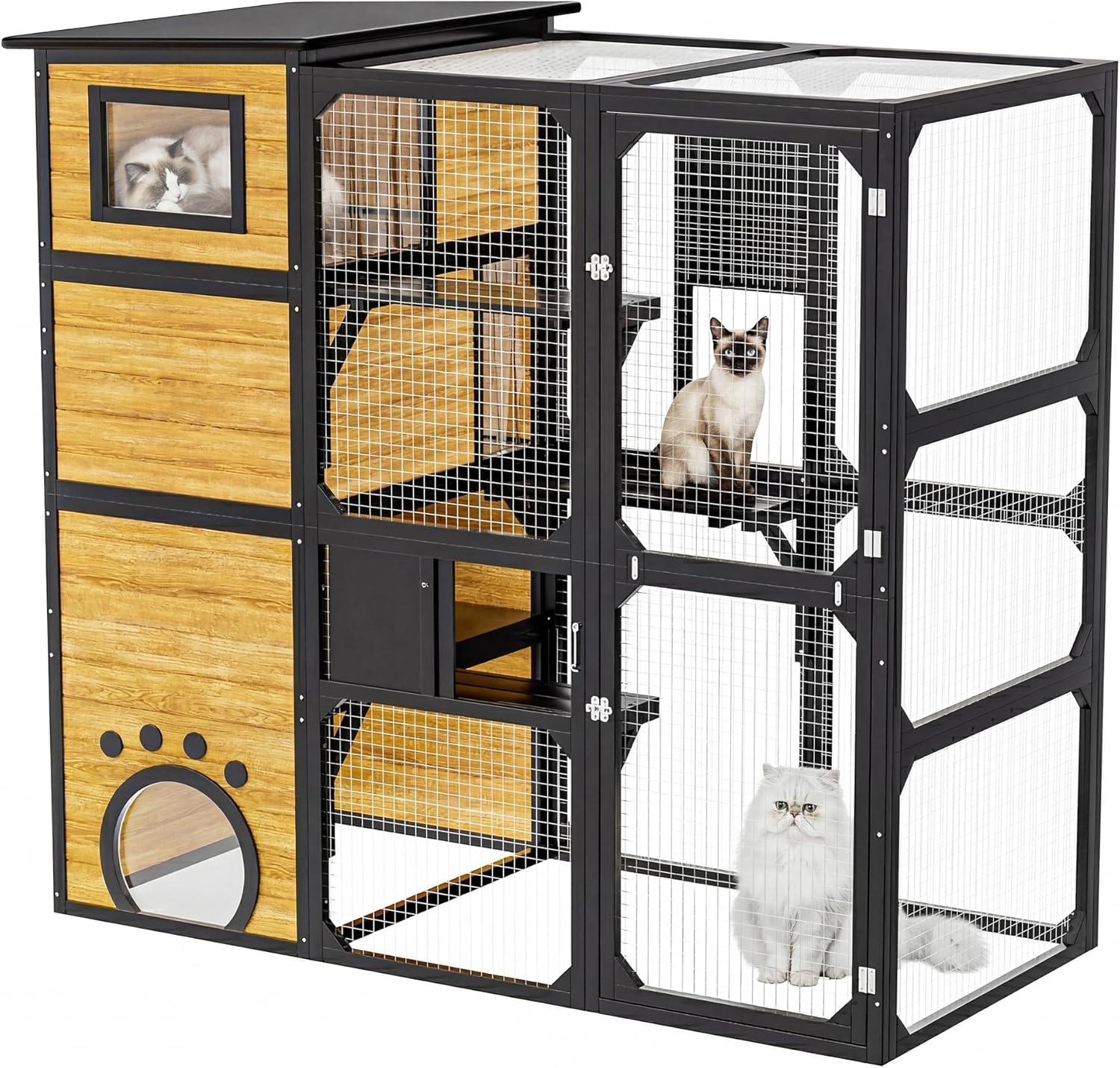 Large Catio Outdoor Cat Enclosure with All-Weather Thermal House, 77" 4-Tier Wooden Cat Playpen for 4-6 Cats, Window-Connectable Cat Cage with Asphalt Roof, 3 Resting Lounges & Walk-in Door