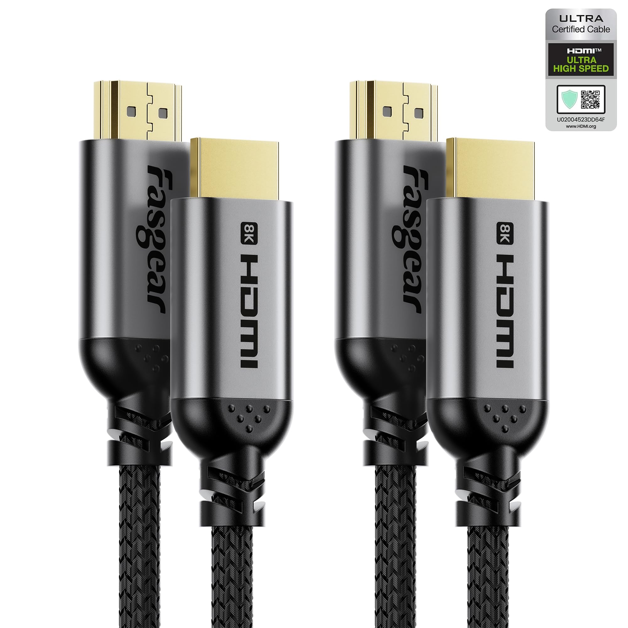 Fasgear HDMI 2.1 Cable 10ft 2Pack Certified 8K HDMI Cable 48Gbps High Speed HDMI Cord Braided 8K@60Hz 4K@120Hz HDCP 2.3 Support eARC HDR10 3D Dolby Compatible for Roku TV/Monitor/Laptop/Blu-ray Black