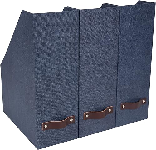 Bigso Estelle - Caja de almacenamiento vertical de fibra de fibra de lona Revista y organizador para papeles con mango de cuero Soporte para