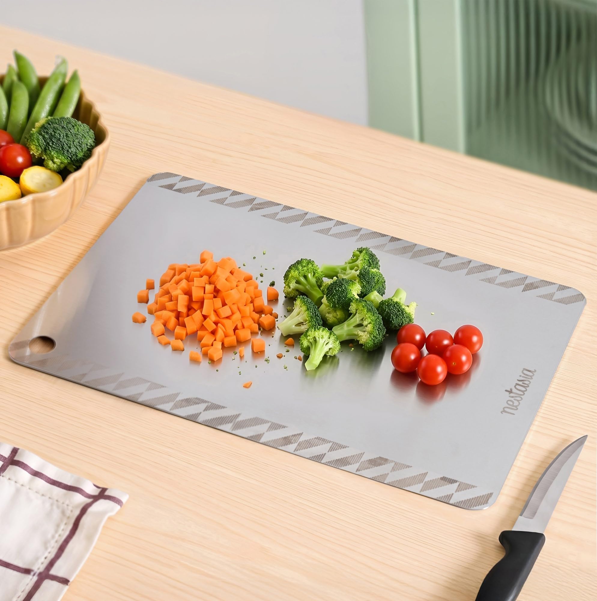 Nestasia Stainless Steel Chopping Board for Kitchen (35cm x 25cm) - Geometric Motif Engraved Steel Cutting Board for Chopping Fruits & Vegetables | Anti-Skid, 100% Food Safe & Rust Resistant