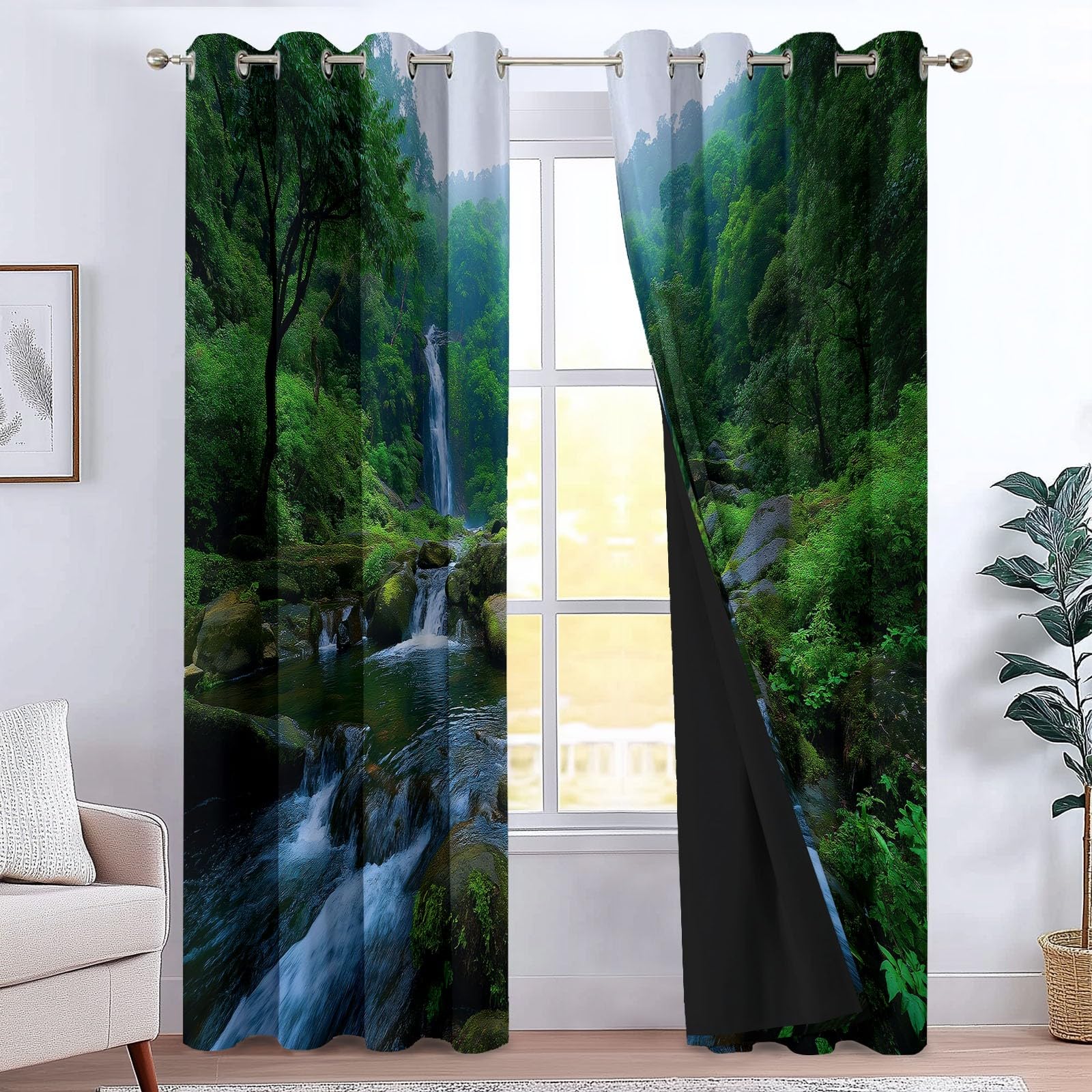 Verdunklungsvorhänge Wald Dschungel Kinderzimmer Vorhänge Blickdicht, Dunkelgrün Thermovorhang mit Ösen, für Schlafzimmer Fenster & Balkon Abenteuer Fotografie - 110 x 215 cm (2er Set)