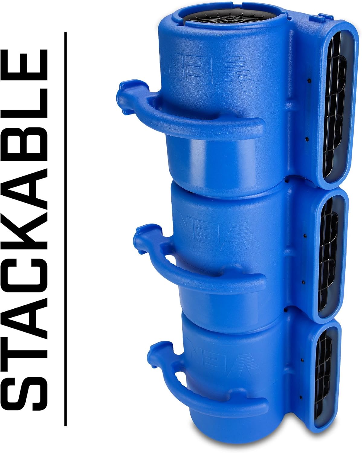 Three B-Air VP-25 Air Movers stacked vertically, demonstrating their stackable design for efficient storage.