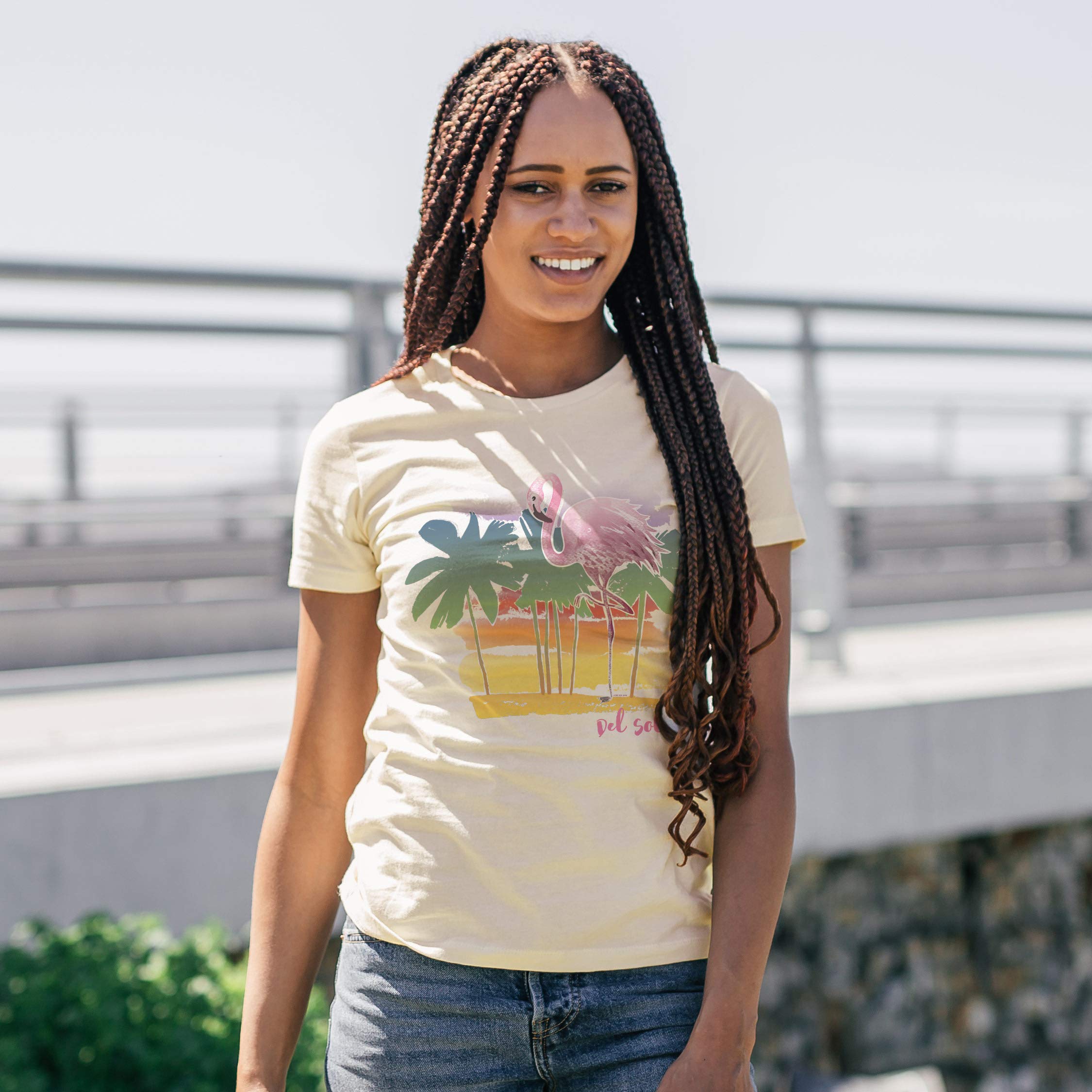 Del Sol Damska koszulka chłopięca - akwarela flaming, naturalny T-shirt - zmienia się z różowego i czarnego na żywe kolory na słońcu - 100% czesana, bawełna ring-spun, cienka koszulka - rozmiar S