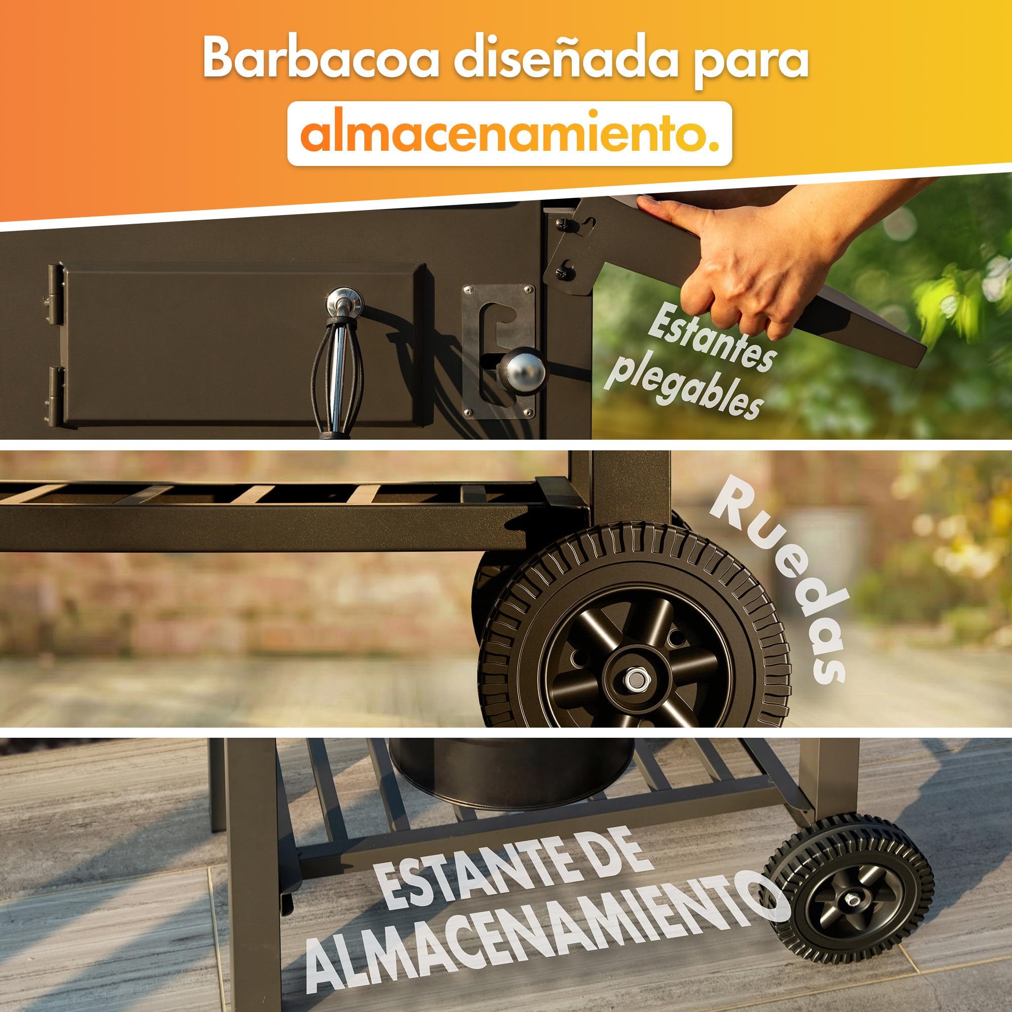 VonHaus Barbacoa de Carbón – Barbacoa con Rejilla Calentadora, Altura Ajustable, Termómetro – Portátil, Recogecenizas, Estante, 2 Mesas Laterales Plegables, Ruedas – Carne, Pescado y Verduras