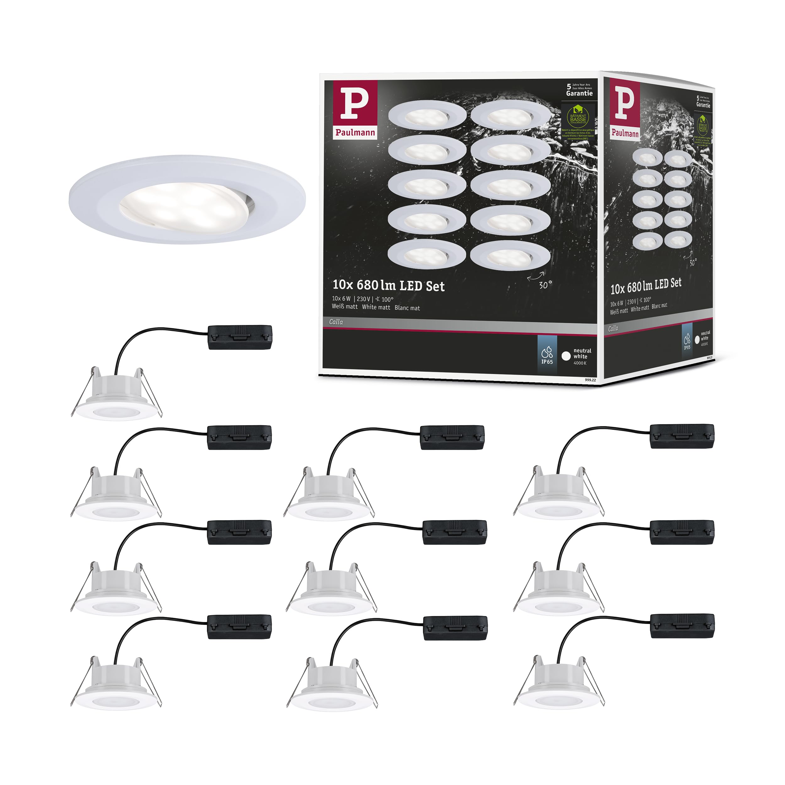 Paulmann 99922 spots encastrés LED Calla rond kit de 10 incl. 10x6W IP65 projecteurs enc. Blanc dépoli éclairage d'armoire plastique lampe enc. 4000K
