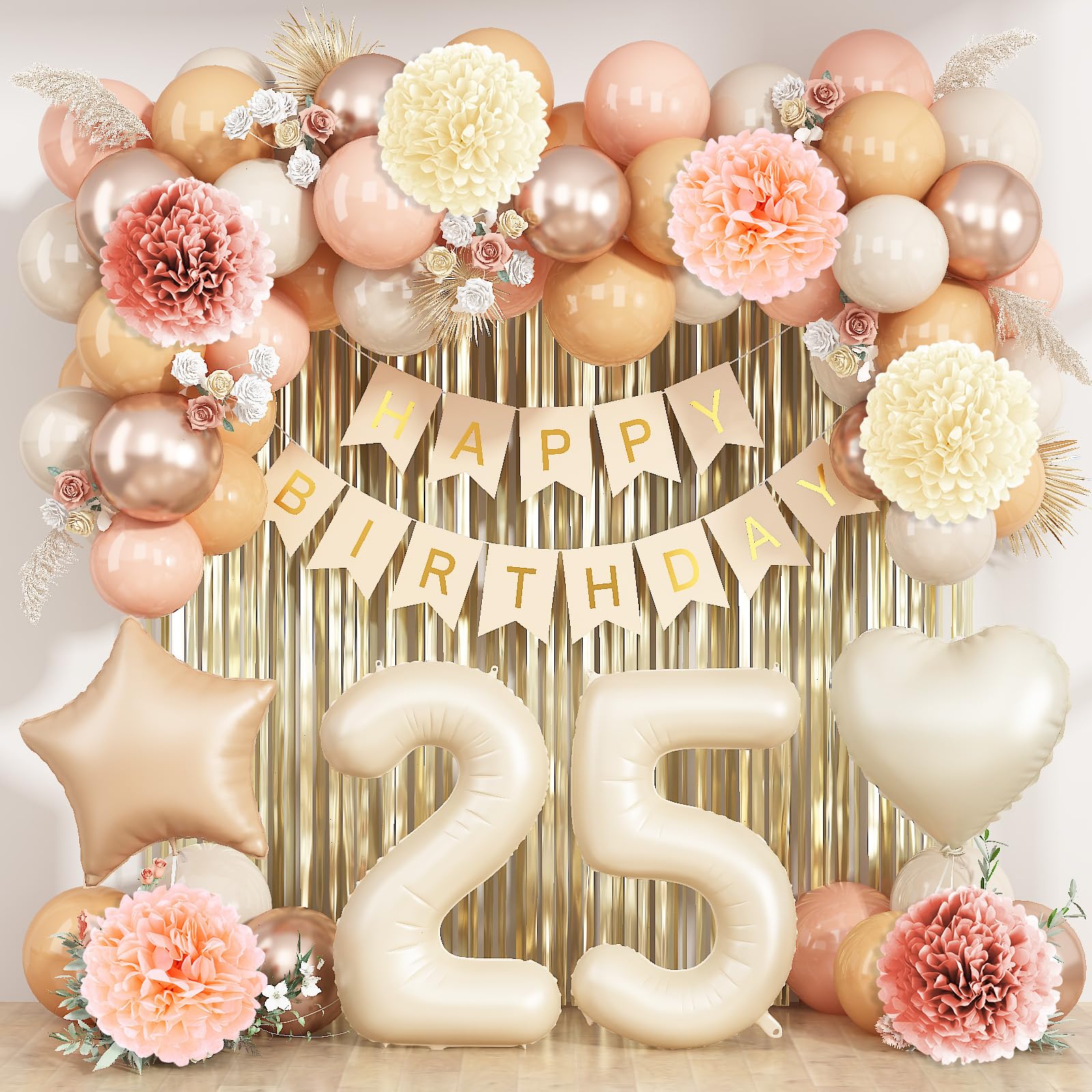 Beige Happy 25th Birthday Party Decoration for Her Cream Number 25 Balloon
