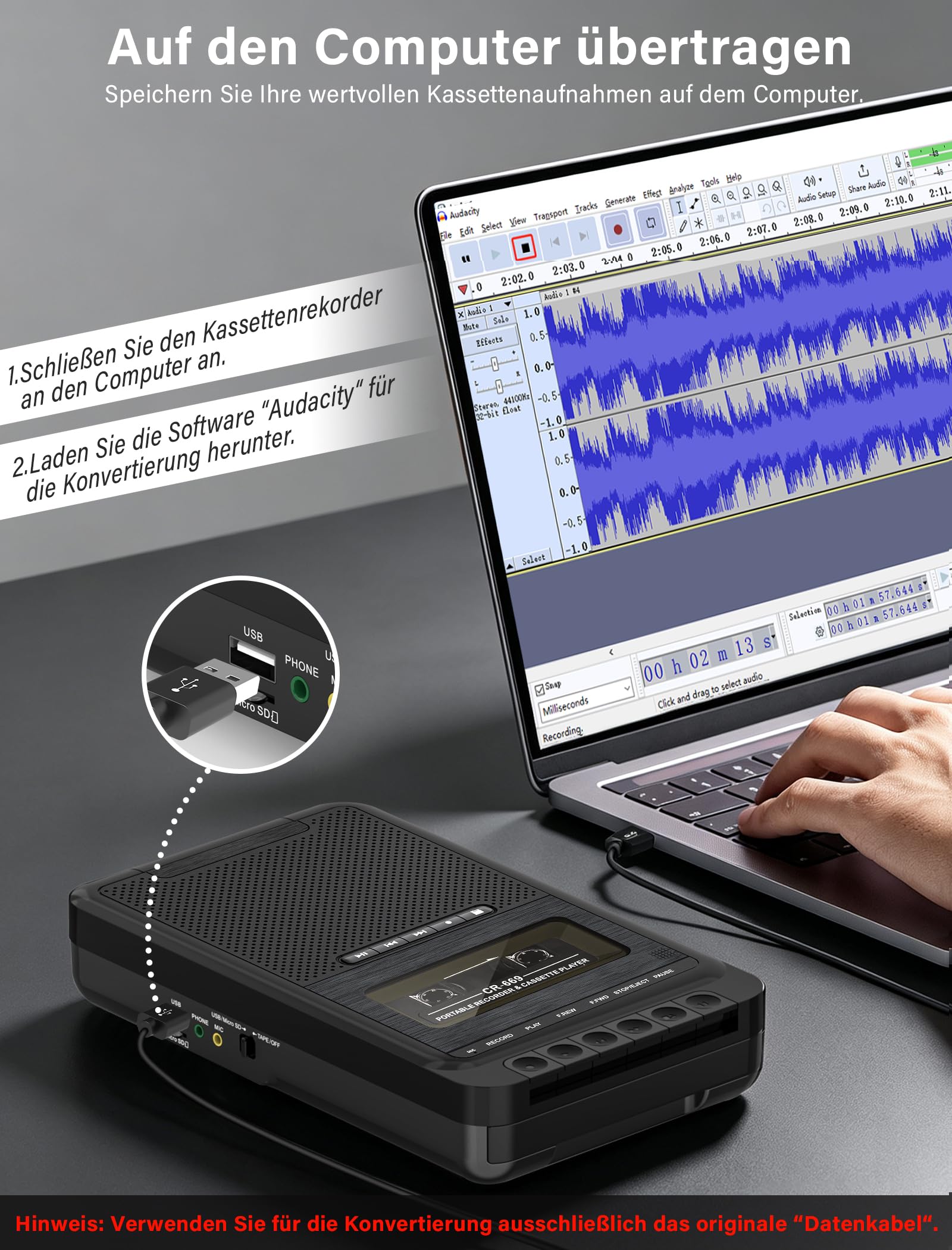 Lecteur de Cassette Portable, enregistreur de Cassette à Cassette/USB/Carte SD Via Microphone, Cassette à Musique MP3 Via USB/Carte SD/PC, enregistreur de Cassette avec poignée Extensible (Noir)