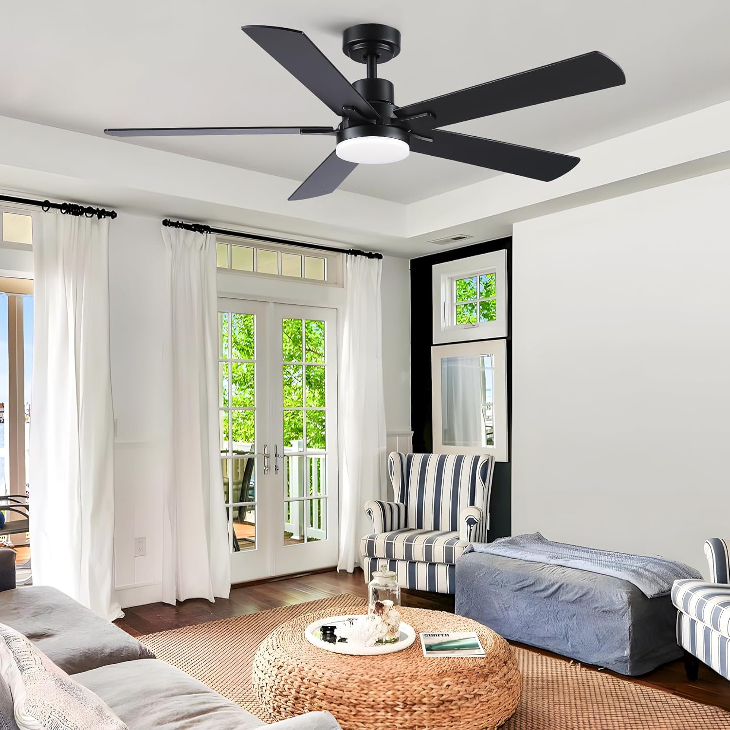 52" Black Low Profile Ceiling Fan with Light, Quiet Motor, 3 Speeds, Bedroom, Flush Mount, Dustproof