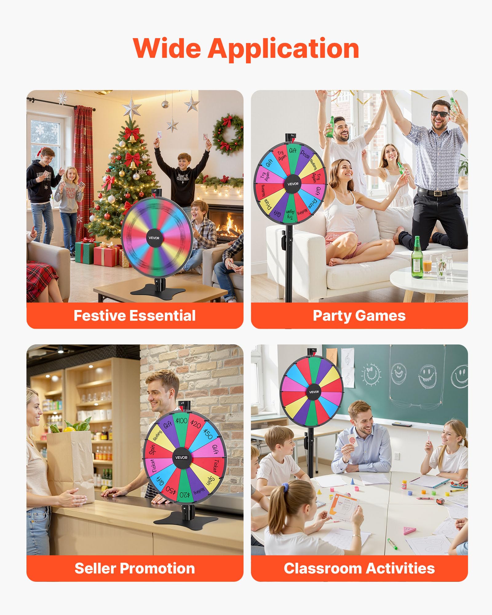 VEVOR Ruota dei Premi Girevole da 610 mm, Ruota Girevole a 14 Slot con Supporto, Altezza Regolabile, Roulette Win Fortune con Cancellabile a Secco e 2 Pennarelli, 6 Colori, per Feste, Pub, Carnevale