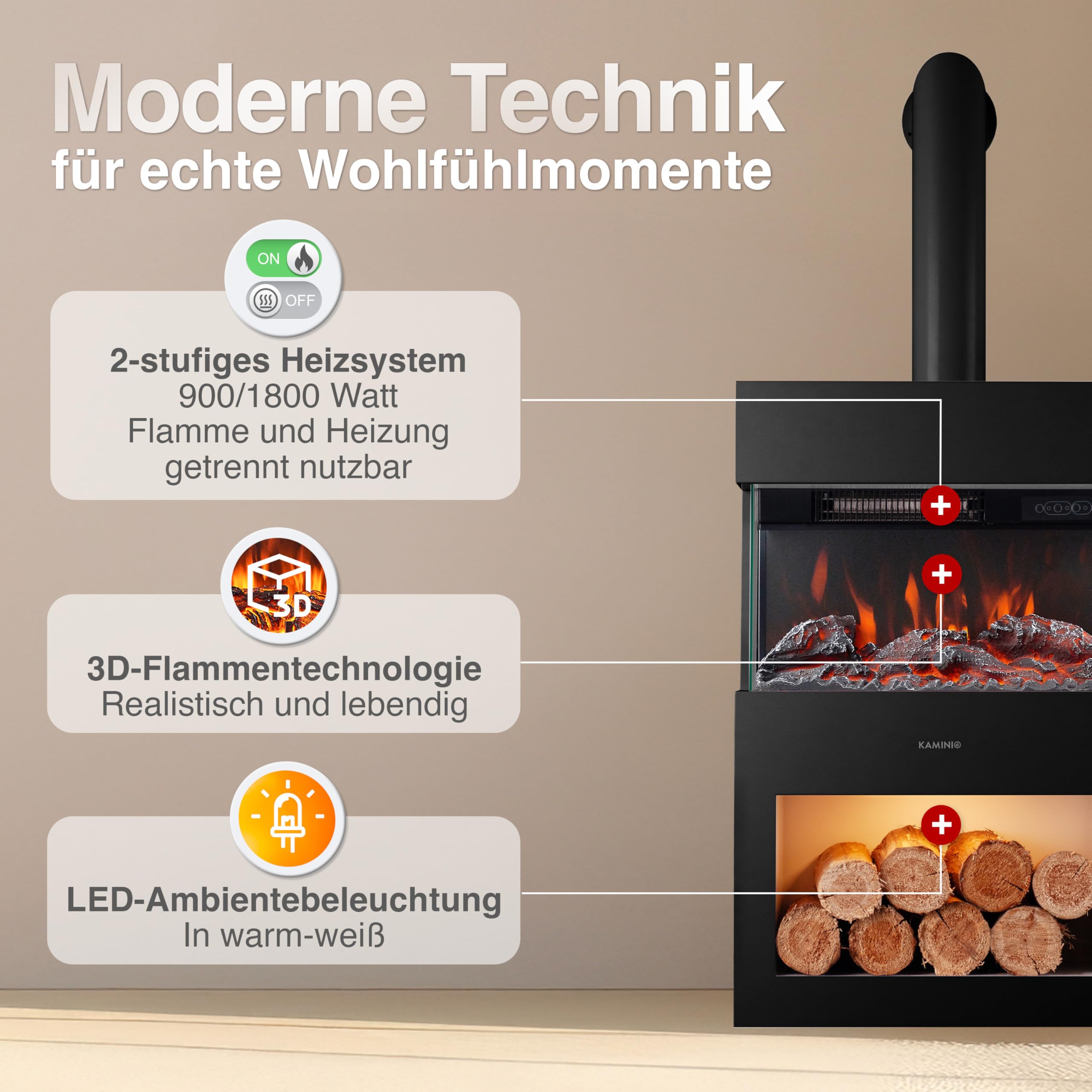 KAMINIO Elektrokamin Henri mit Ofenrohr - Elektrischer Kaminofen mit Heizung, 3D-Flammeneffekt, Holzfach, LED-Ambientelicht, Fernbedienung (Schwarz)