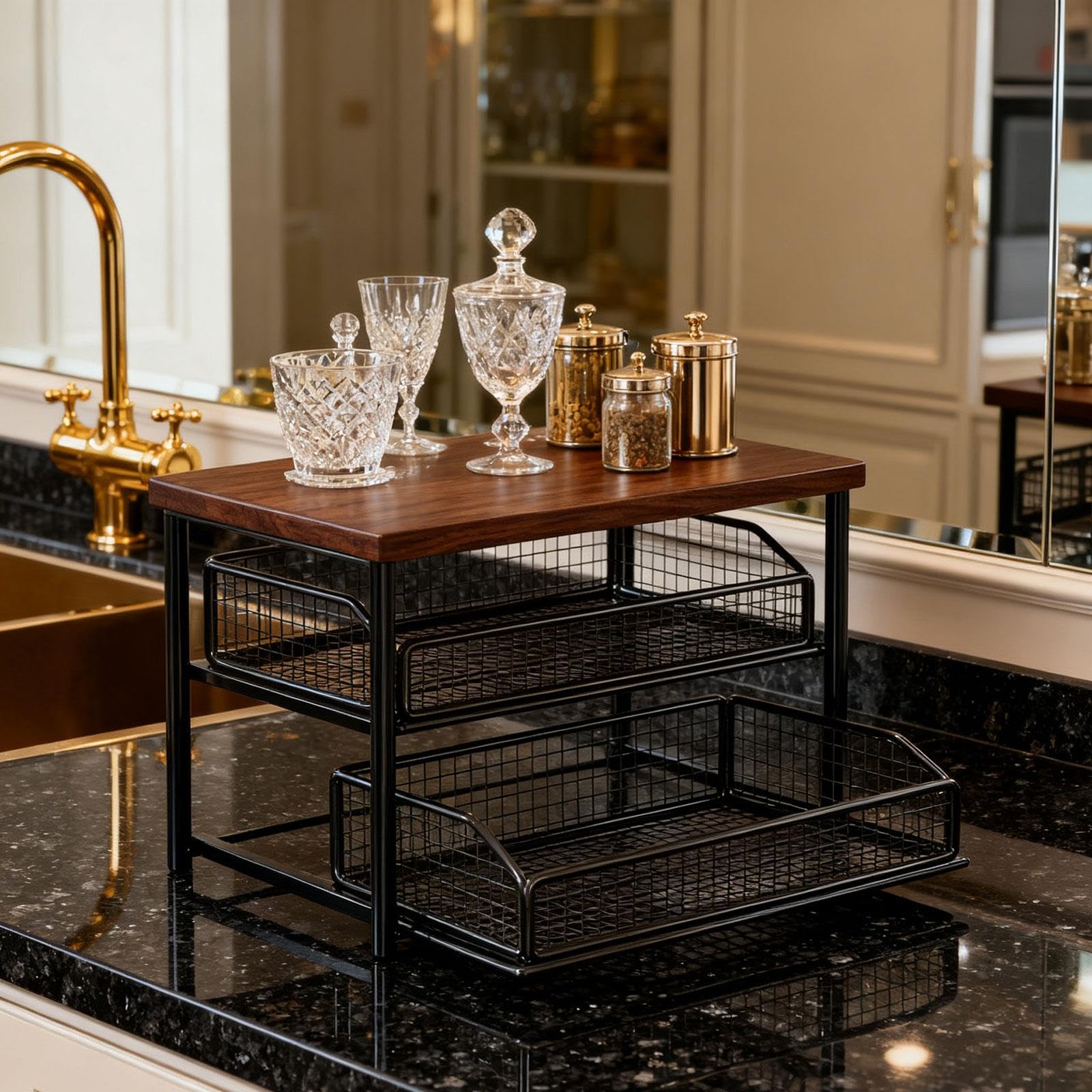 Kaffee Station Organizer Regal mit Schublade Zweistufige Ablage Aus Eisen Und Holz Ideal Zur Aufbewahrung von Tassen Und Zutaten für Küche Kaffeebar V, Schwarz