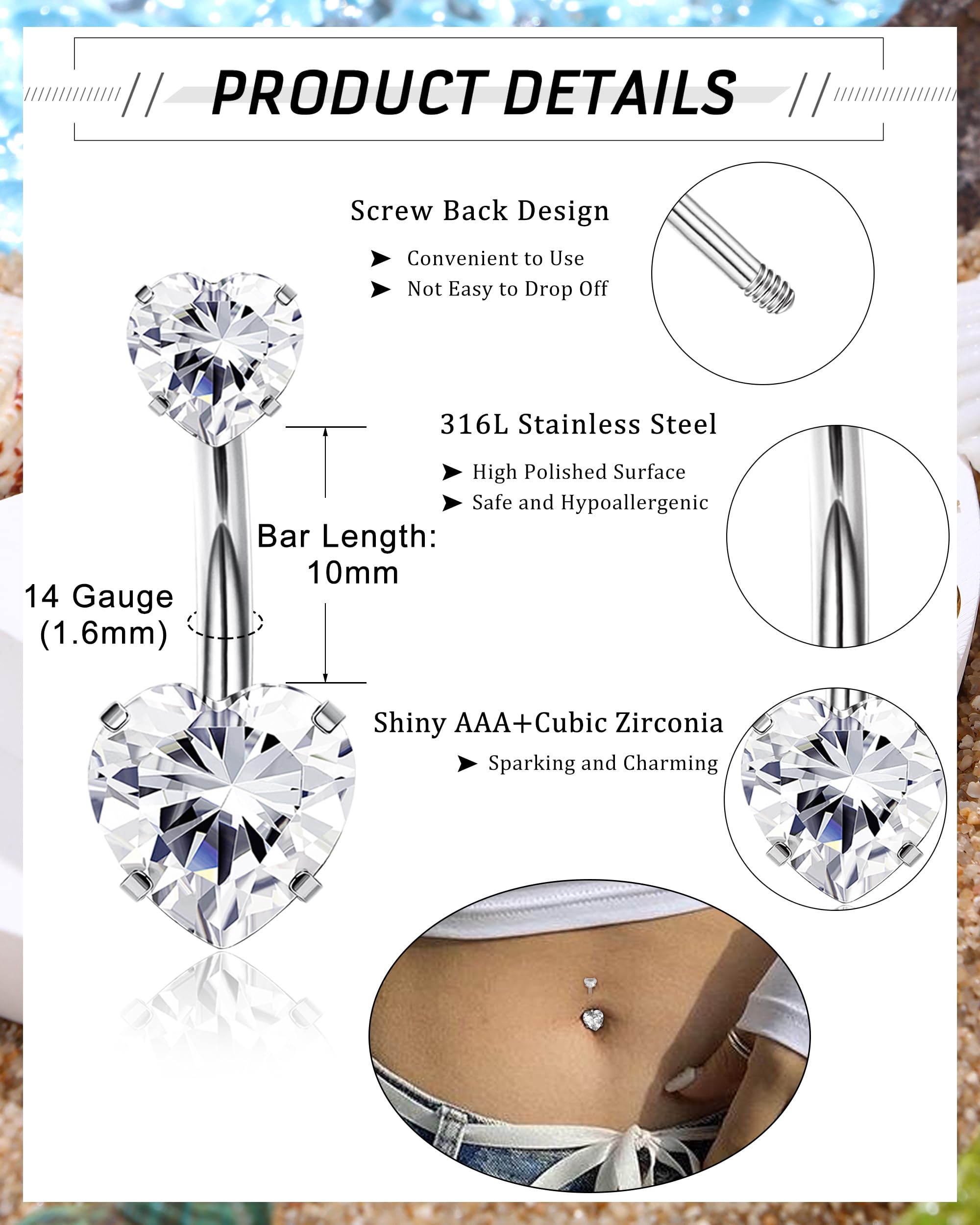 YADOCA 14G 9 Piezas Piercing Ombligo Acero Quirúrgico Plata/Oro CZ Clicker Colgante Anillo
