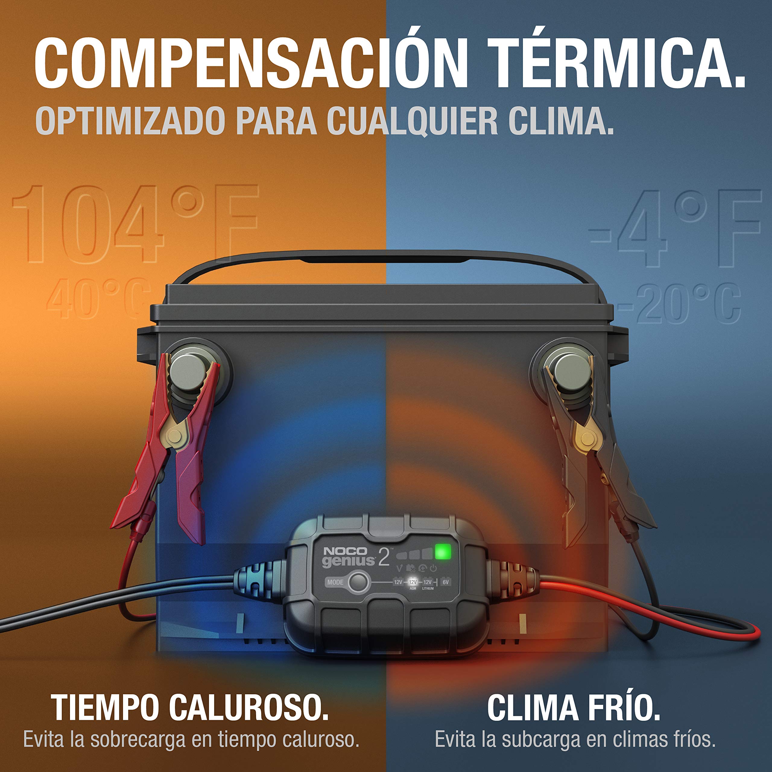 NOCO GENIUS2: Cargador Inteligente de baterías 2A 6V/12V – Mantenedor automático y desulfatador – Protección contra sobrecarga y compensación térmica – para baterías de Plomo y Litio