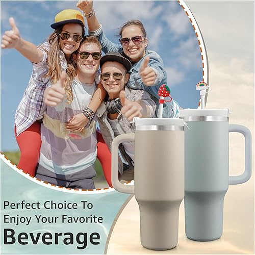 Miniatura 6 de Vaso gris cálido de 40 onzas con asa y cubiertas de pajilla, botella de agua aislada con tapa, asa y juego de 4 adornos para popote