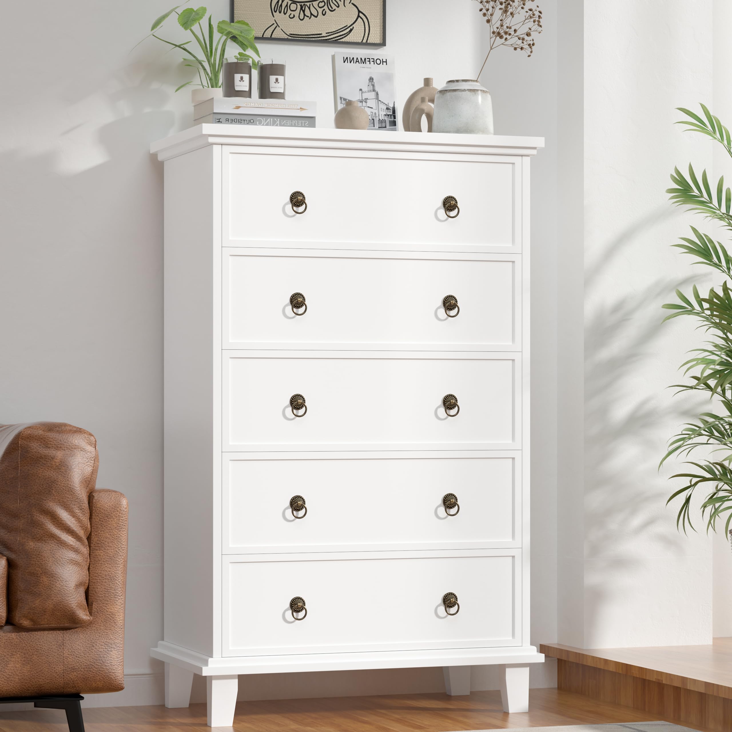 Amazon.com: COWMOU 5 Drawers Dresser for Bedroom, White Chest of Drawers  Tall Wood Dresser with Large Storage Organizer for Living Room, Hallway :  Home & Kitchen