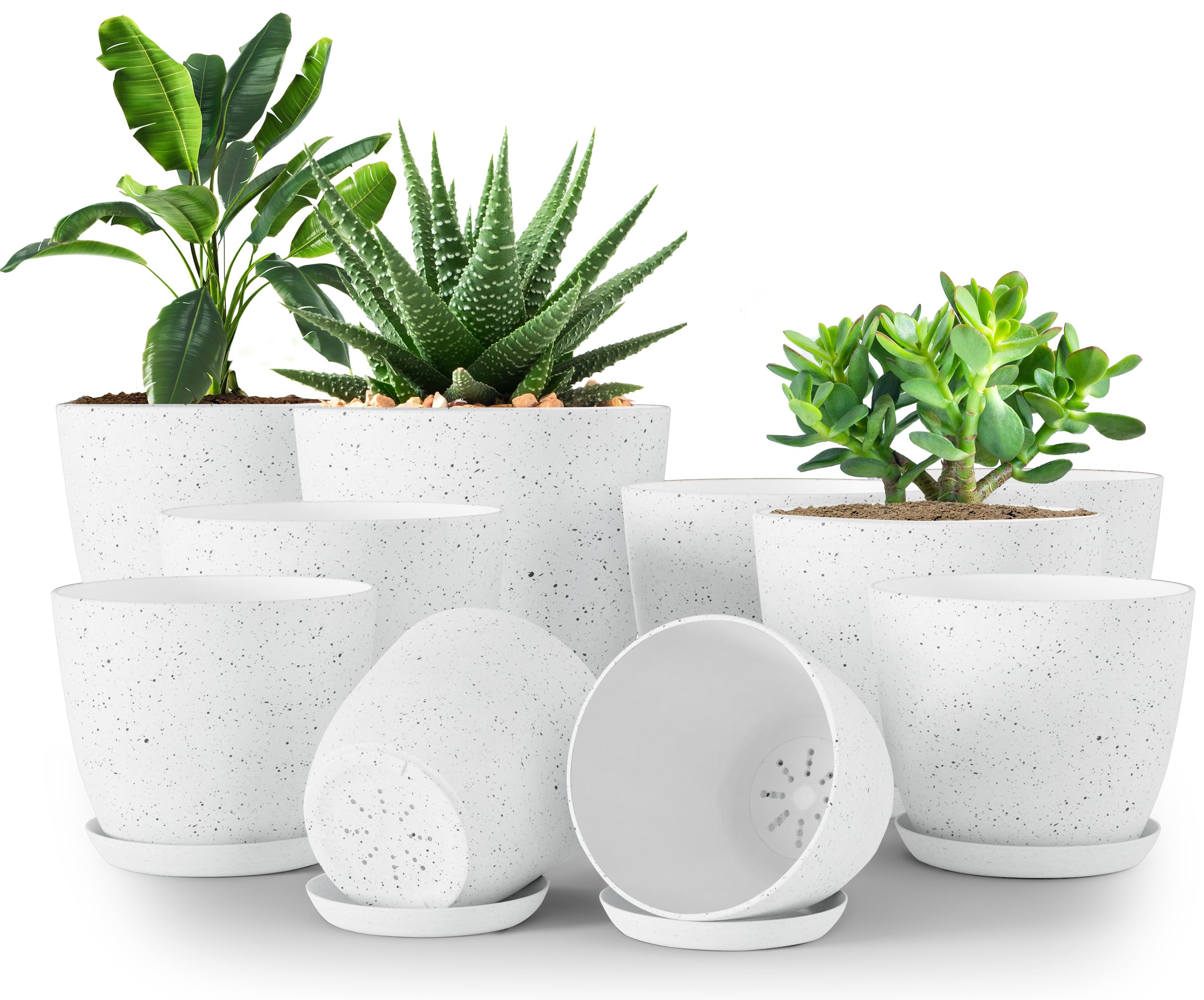 Utopia Home - Plant Pots Indoor with Drainage - 7/6.6/6/5.3/4.8 Inches Home Decor Flower Pots - Plastic Planters for Indoor Plants, Cactus, Succulents Pot (Spotty Grey, Pack of 10)