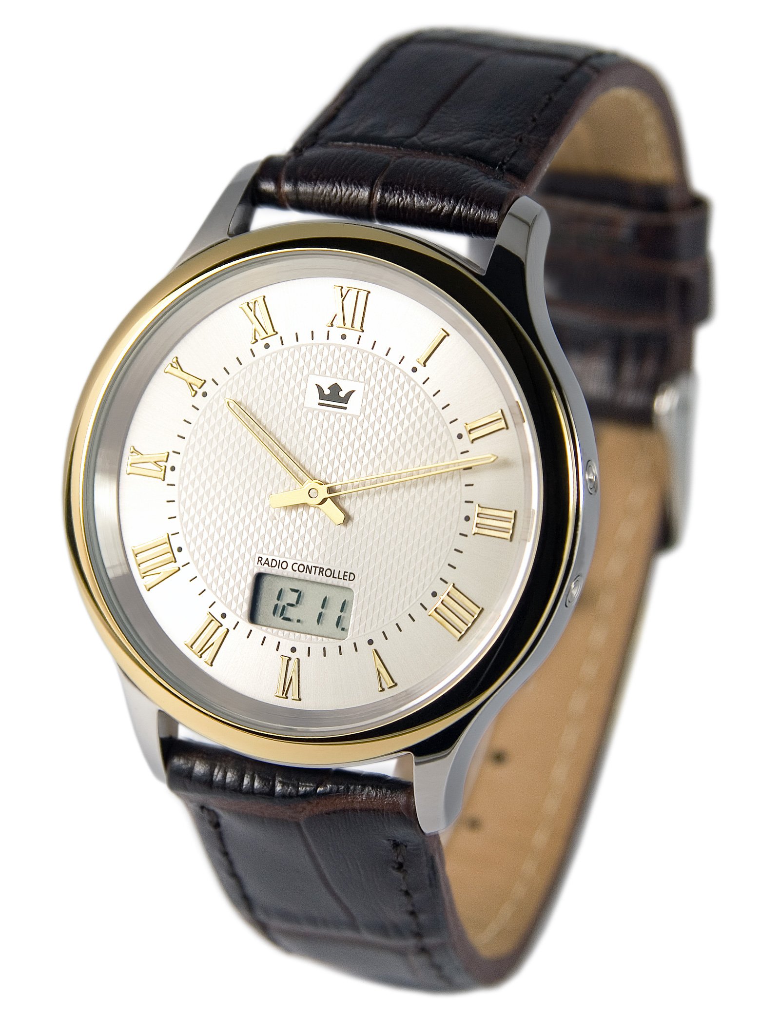 MARQUIS Herren Funkuhr, Bicolor, Braunes Lederarmband, Edelstahlgehäuse, Dornschliesse 983.4106